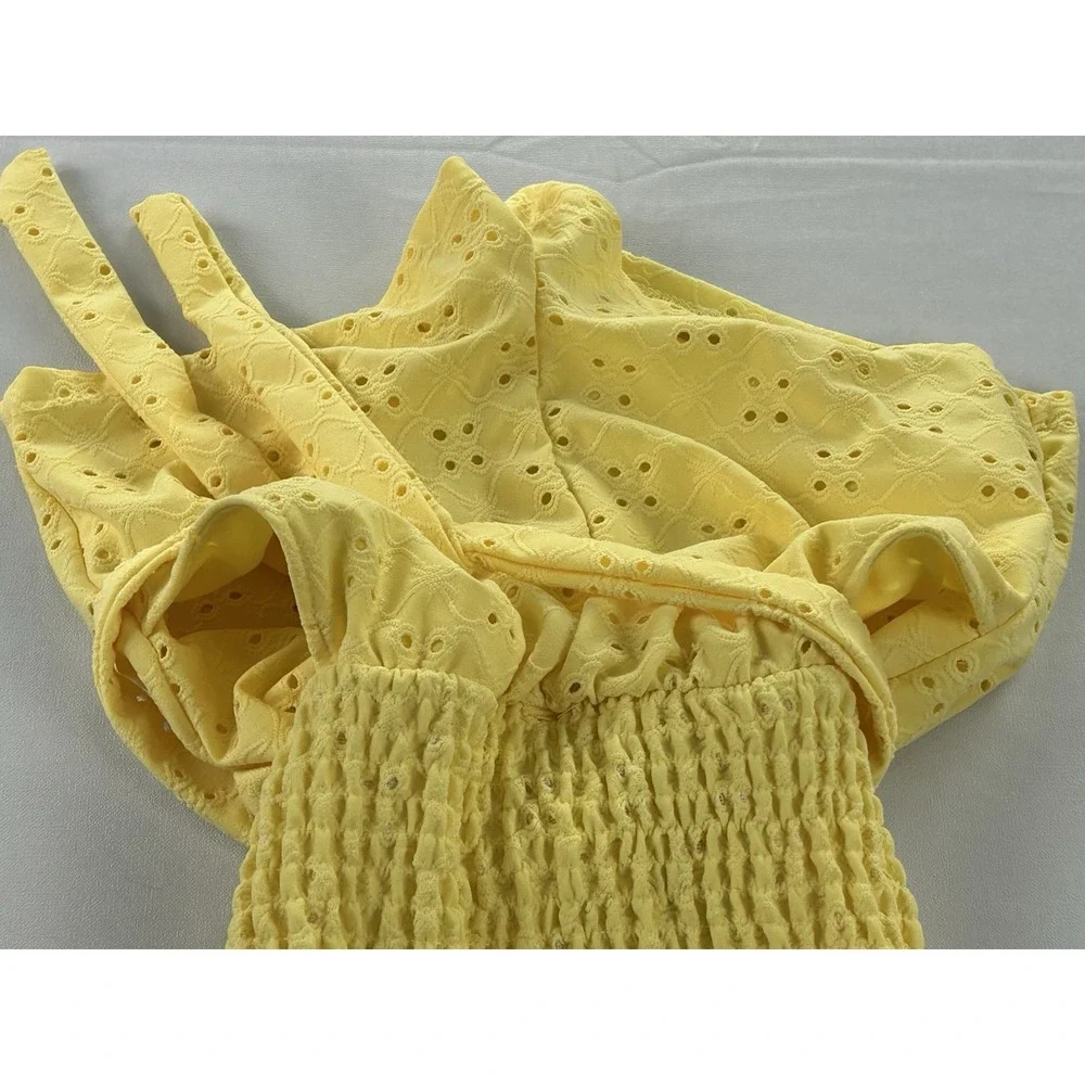 Tahari Girl Romper Size 6 Yellow Eyelet Smocked Puff Sleeve Belted Pockets New
